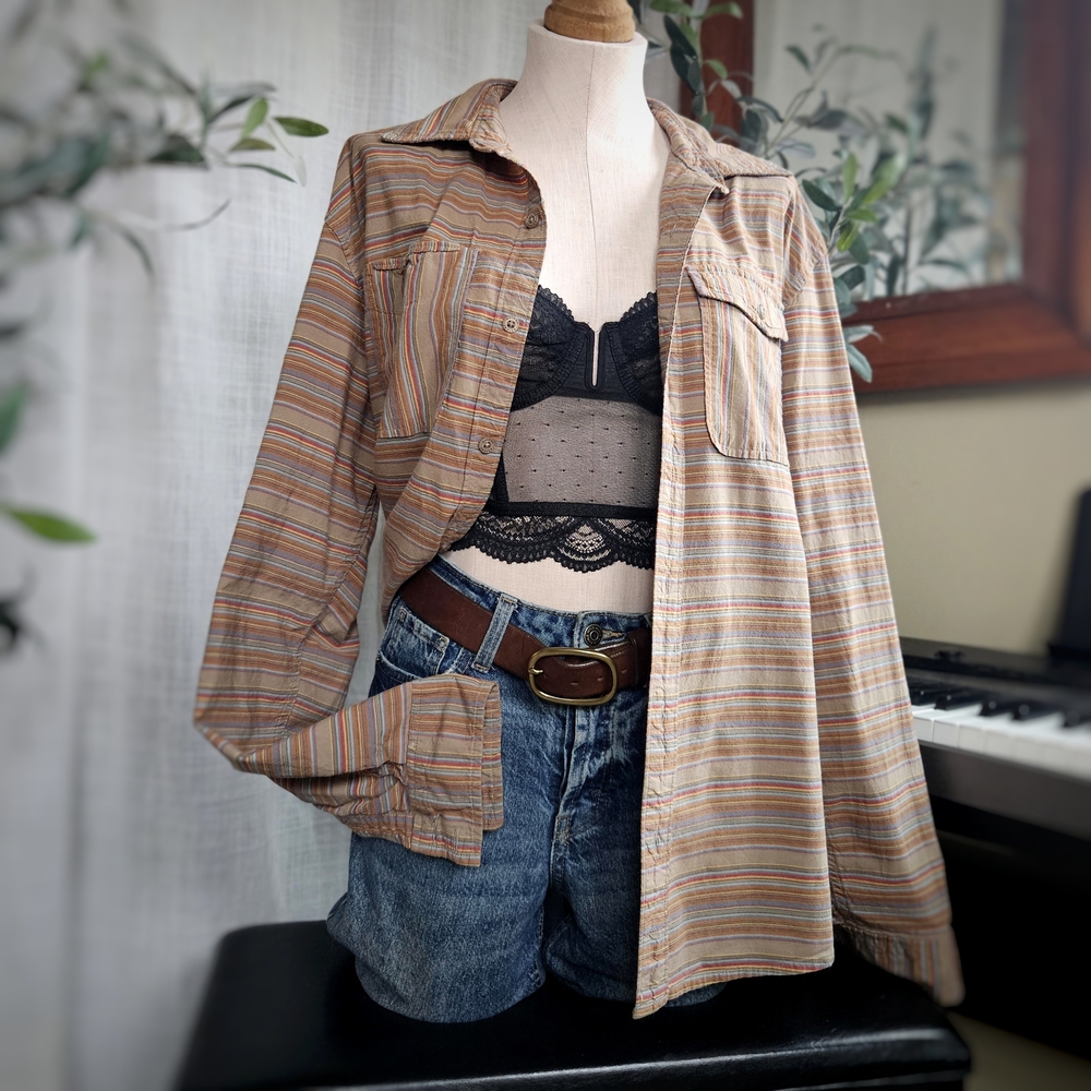 Ascend Cotton Button Up Shirt Neutral Tan Striped Oversized Casual Womens